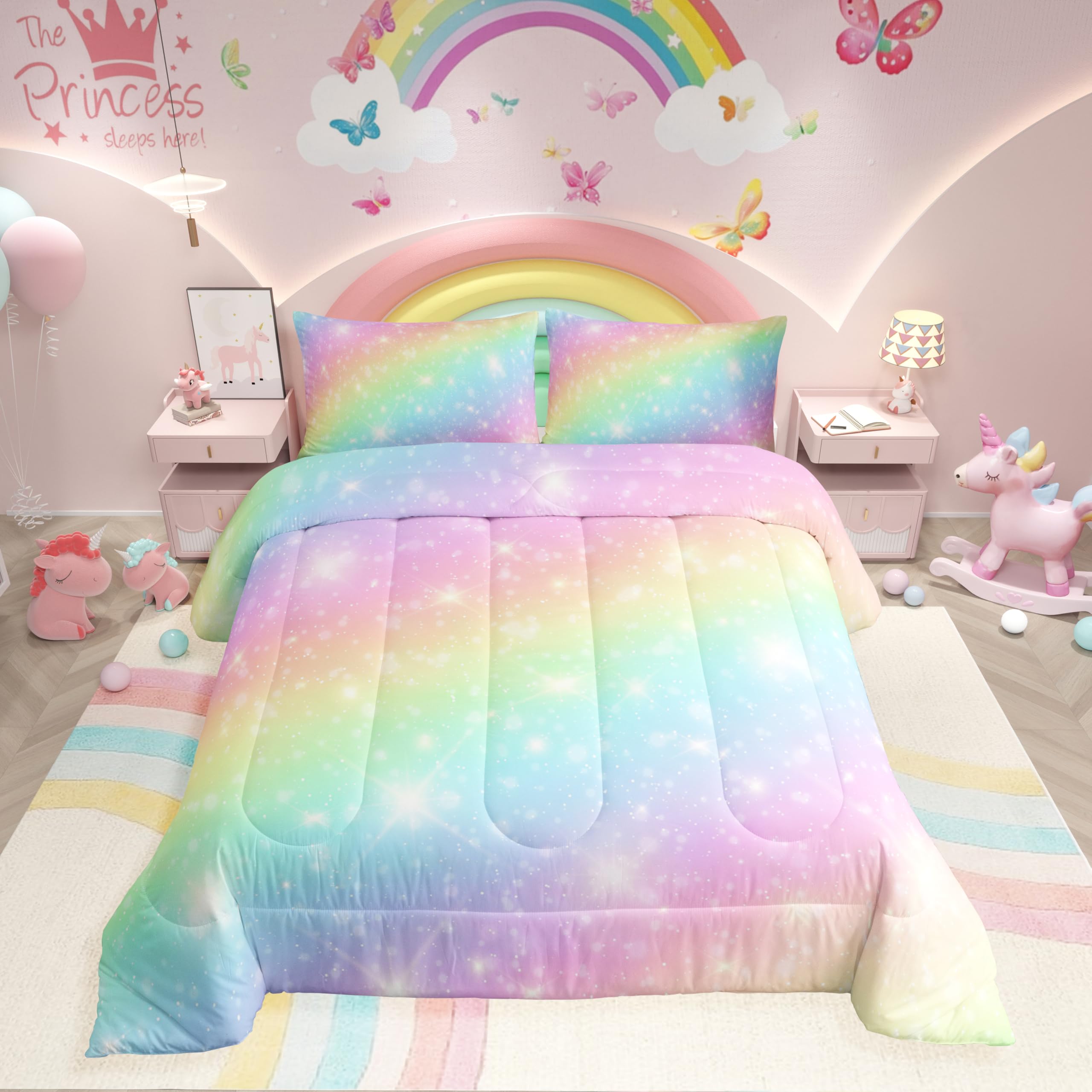 Erosebridal Rainbow Bedding Set For Kids Girls Teens Women Tie Dye Pastel Comforter Set Twin Size Golden Stars Glitter Bedding C